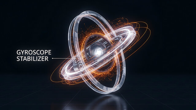 Gyroscope stabilizer device with glowing rings and orange sparks on dark surface  technology concept