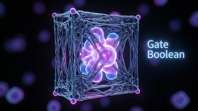 Glowing purple blue cube with wireframe structure and boolean gate text on dark background with purple spots