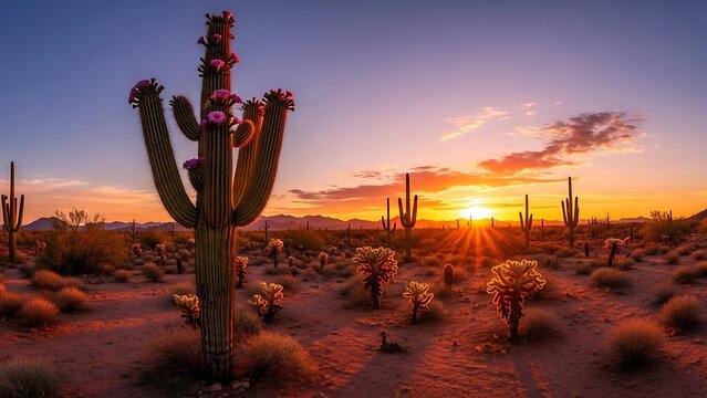 Desert landscape with cactus at sunset.