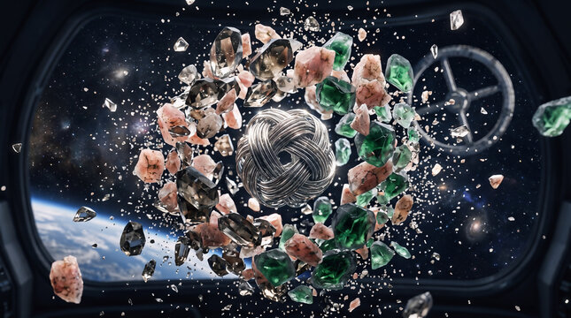 A stunning view of colorful gemstones and a metallic object exploding in space outside a spaceship window