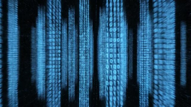 Abstract blue binary code data streaming through digital space