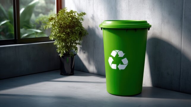 A green recycling bin with a white recycle symbol sits next to a potted plant in a modern, minimally lit indoor space.