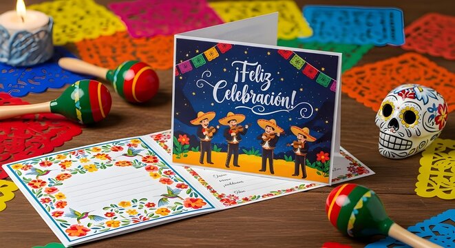 Colorful Mexican celebration scene featuring a greeting card with mariachis, maracas, papal picador banners and a decorative sugar skull on a wooden table, evoking festive, cultural and joyful vibes