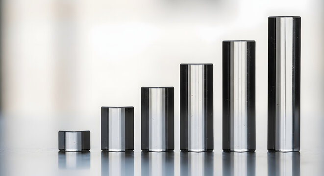 Graph of increasing metallic cylinders demonstrating growth and progress, a visual representation of positive financial or business trends
