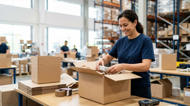 Female warehouse employee packing an order into a cardboard box. Smiling woman preparing a package for shipping at a fulfillment center desk. E-commerce logistics concept