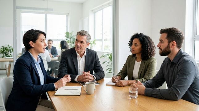 Diverse business team having a serious discussion around a table in a meeting room. Corporate colleagues engaged in conflict resolution and negotiation. Professional communication concept