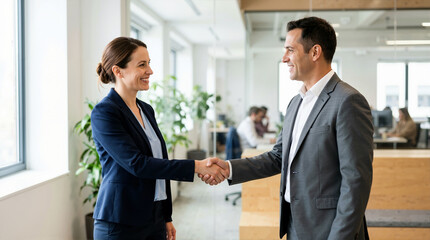 Fototapeta premium Smiling business professionals shaking hands in a modern open plan office. Corporate man and woman reaching an agreement or greeting each other at the workplace