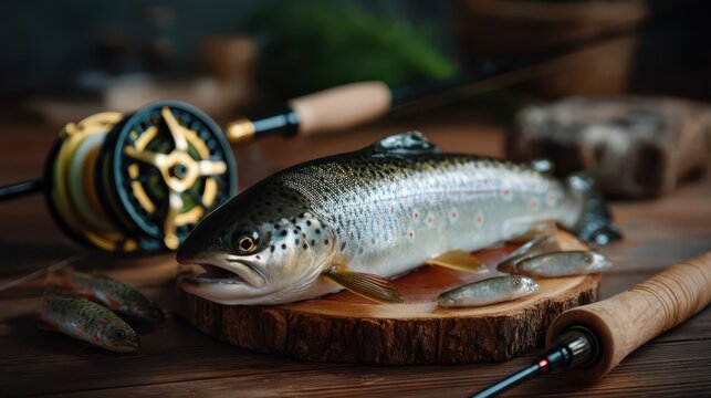 Freshly caught trout displayed on a wooden board with fishing rods and lures, highlighting a fishing and outdoor theme.