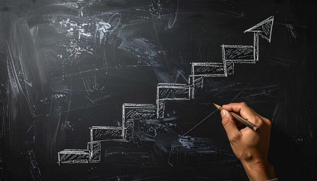 Man's hand drawing ascending stairs with arrows using wooden pencil on textured black chalkboard, symbolizing business growth, career advancement, success and process hand drawing graph on blackboard