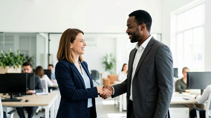 Fototapeta premium Business coworkers shaking hands in a modern office. Professional man and woman smiling during a handshake. Agreement and partnership concept