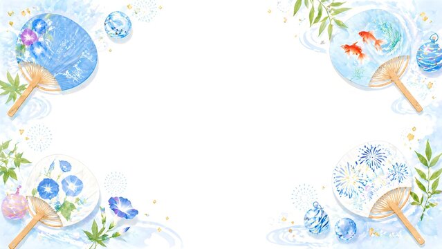 うちわや風鈴、朝顔、金魚、花火をあしらった水彩画風の和柄フレーム背景