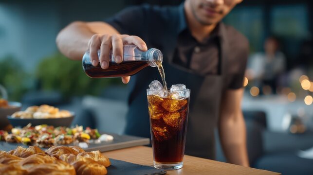 A person pours a dark soda from a bottle into a glass filled with ice on a restaurant table with food in the background.