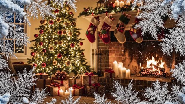 Christmas tree and fireplace view through a frozen window in a cozy indoor setting