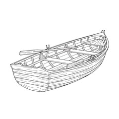 Obraz premium Line art drawing of a wooden rowboat with oars on a white background