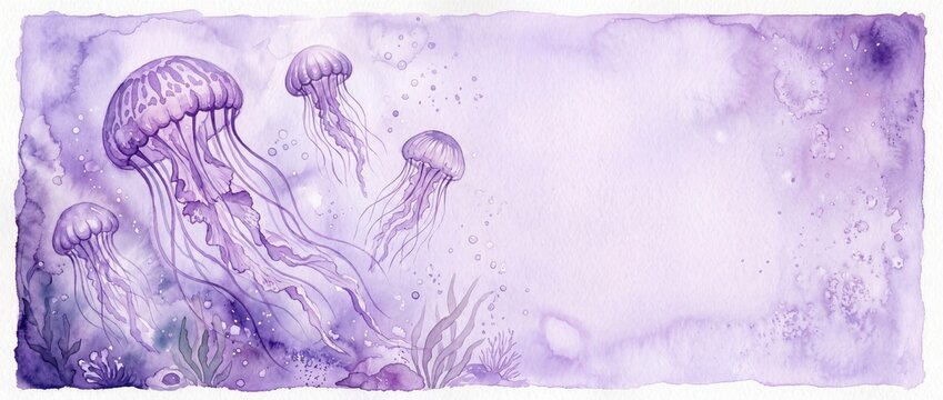 Watercolor illustration of purple jellyfish swimming underwater. Soft pastel lilac wash background with seaweed and bubbles. Marine life banner with copy space for text