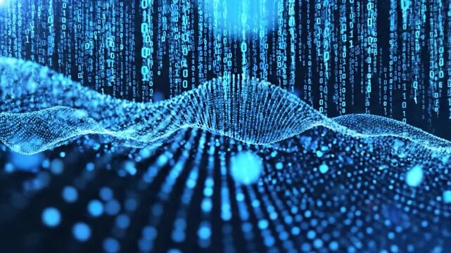 Abstract digital data stream with binary code and glowing particles, representing information flow and technology concepts in a modern design