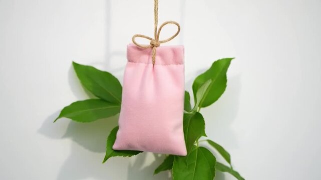 A small, pink fabric pouch hangs from a natural twine string, adorned with green leaves, against a white background