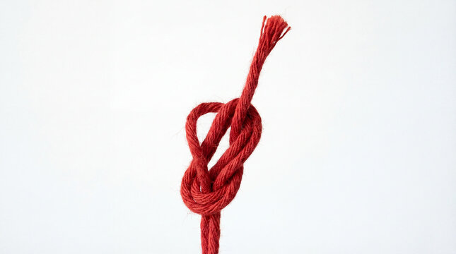 Single red string tied into upward reaching knot against clean white background creative minimalistic design