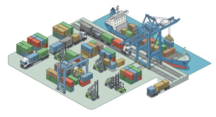 Obraz premium Isometric illustration depicting a cargo port with shipping containers being loaded onto a ship and train by cranes and forklifts, set against a clean background with a logistics
