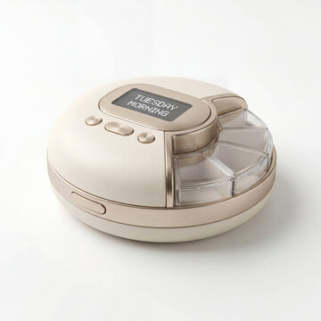 Automatic pill dispenser with matte porcelain finish and subtle metallic accents for home