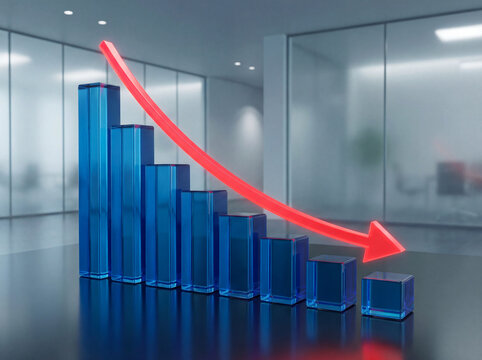 3D blue bar graph with bright red arrow moving downward business decline concept loss design