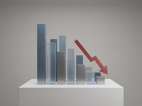 3D bar chart with downward arrow showing business loss and financial market decline concept design