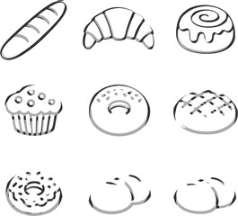 Fototapeta premium Bakery Outline Icon Pack Line Art Vector – Baguette, Croissant, Doughnut, Muffin Minimal Stroke Icons PNG