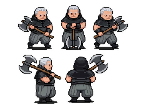 pixel art character spritesheet of a burly grey-haired executioner or barbarian in black tunic holding a large double-headed battle axe.