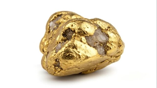 Natural Raw Gold Nugget Specimen on Clean White Background Closeup Showing Texture and Shine
