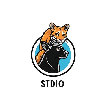 Illustrative logo featuring a tiger head and a black deer head inside a blue and black circle with the text STDIO