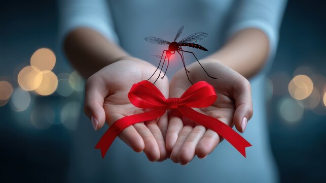 Hands holding a red ribbon with a glowing mosquito perched on it, symbolizing awareness or prevention of mosquito-borne diseases.