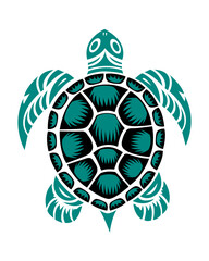 Stylized sea turtle with vibrant teal coloring. Patterned shell and flippers show tribal design influences. Eyes appear gentle, facing forward with calm expression. Ideal for nature, tribal © Bhuvanesh S