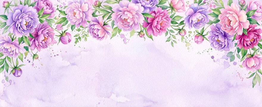 Watercolor floral border with pink and purple peonies along the top edge. Botanical banner with green leaves and paint splatters on a pastel lilac background. Copy space for text