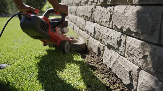 A man is using a lawn edger to trim the grass along a stone wall. The activity takes place in a sunny outdoor area with green grass