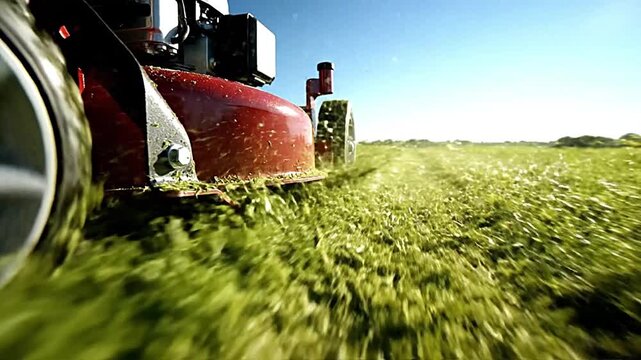 A lawnmower moves through a field, cutting green grass on a sunny day. The bright sun shines down as the mower maintains the lawn. Fresh grass blades are trimmed neatly