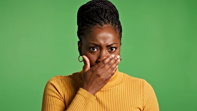 An African American woman stands against a green background. She covers her mouth and nose with her hand. Her expression shows displeasure and concern. The setting is unclear