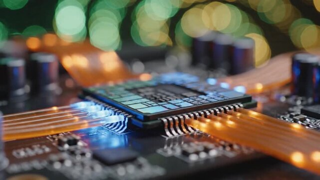 An microchip is displayed on a circuit board. Blue lights glow along the connections while orange wires stand out against a bright, blurred background. The focus is on the technology