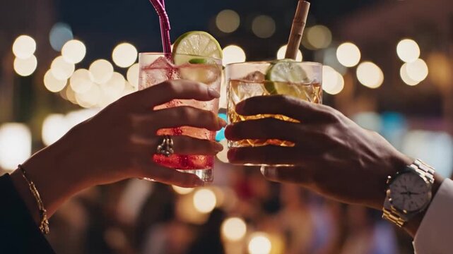 Hands hold colorful cocktails with lime slices and straws in a busy social setting filled with bright bokeh lights in the background. Friends enjoy the moment together