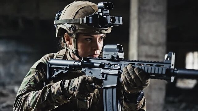An soldier stands ready with a rifle in a dark room. The soldier is in military uniform and helmet, focused on the task at hand. The environment adds intensity to the situation