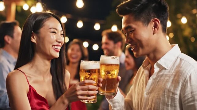 Two people share a joyful moment by clinking their glasses of beer at an outdoor party with friends and family during a warm evening gathering under string lights