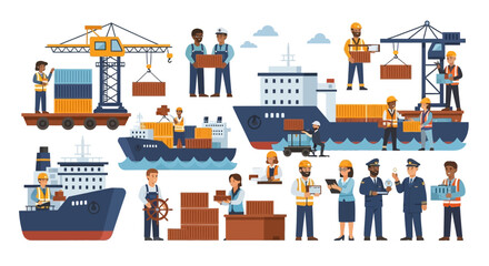 Obraz premium A vector illustration depicts diverse logistics workers collaborating to load and transport cargo using ships, cranes, and railcars against a clean white background, rendered in a bright