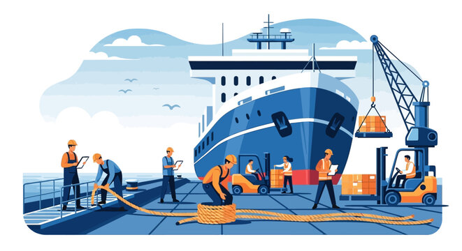 A vector illustration showcases dockworkers loading cargo containers onto a large blue ship with a crane and forklift, under a cloudy sky conveying a busy, industrial atmosphere near the sea