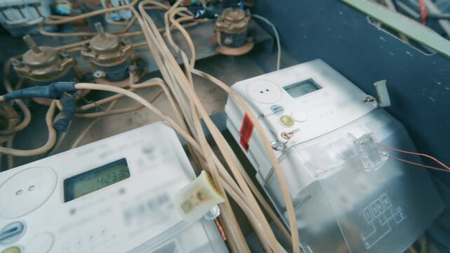 New Digital Electric Meters Installed in Old Electrical Panel | Dutch Angle Close-Up of Modern Energy Meters with LCD Display and Wiring | Home Renovation and Upgrade