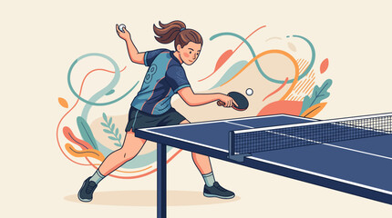Fototapeta premium Woman plays table tennis with paddle and ball on a court with colorful background