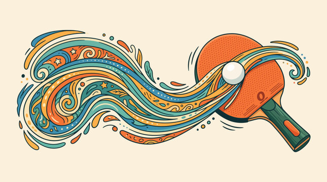 Vibrant illustration of a ping pong paddle hitting a ball with swirling colorful waves around it.