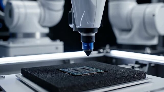 A robotic arm laser engraves a design onto a black material in an industrial setting