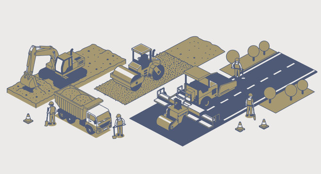 Road construction scene depicting machinery and workers in isometric design