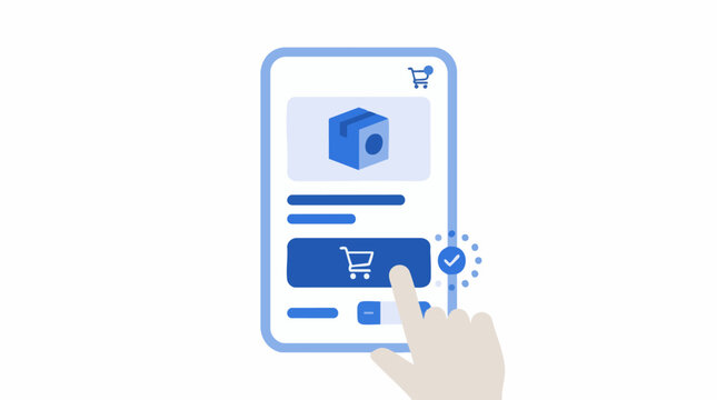 Hand tapping 'Add to Cart' button on a smartphone e-commerce app, indicating online shopping.