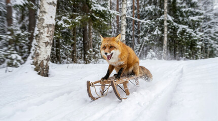 Obraz premium Red fox riding a wooden sled down a snowy path. Wild animal sledding in a winter forest landscape
