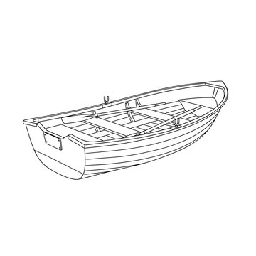 Minimalist black and white line art drawing of an empty rowing boat with oars